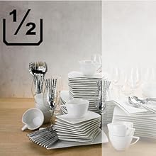 Collection d'ensembles de couverts et de vaisselle en acier inoxydable présentés sous différents angles, présentant des fourchettes, des cuillères et des couteaux disposés selon différentes dispositions.