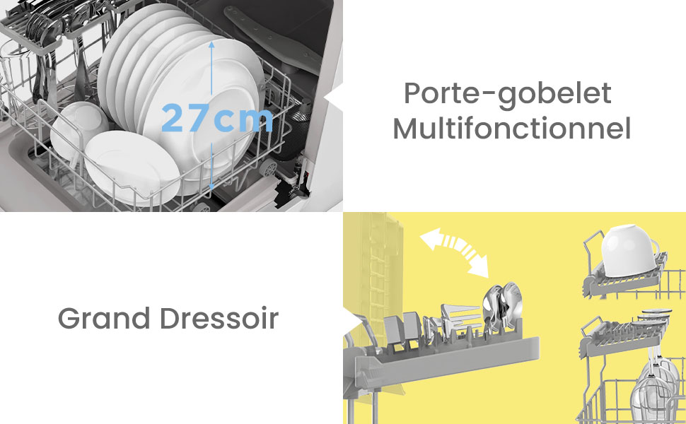 Le texte indique « 27 cm », « Porte-gobelet multifonctionnel » et « Grand Dressoir ». Deux vues de l'intérieur du lave-vaisselle montrant la disposition des assiettes et l'organisation des porte-gobelets.