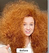 Cheveux roux orangé bouclés et volumineux coiffés naturellement, étiquetés « Avant » dans le format