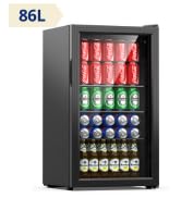 avec porte vitrée affichant plusieurs rangées de boissons en conserve. Dispose d'un éclairage LED et d'une capacité de 86 l.