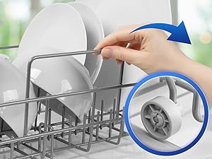 Gros plan du mécanisme de réglage du panier du lave-vaisselle montrant le réglage manuel du niveau de hauteur avec indicateur de flèche directionnelle bleue. Le détail circulaire incrusté montre le composant mécanique.