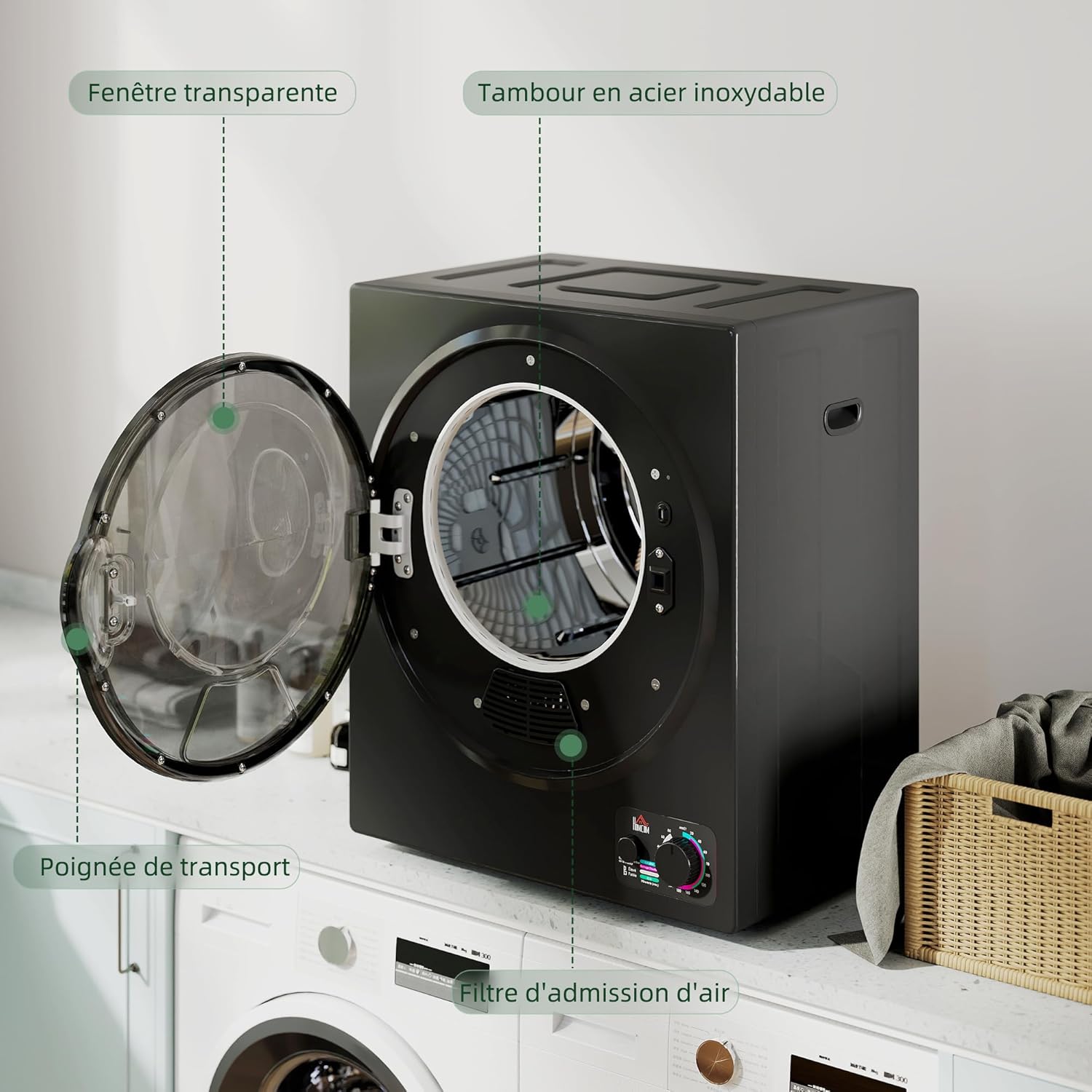 HOMCOM - sèche-linge portable 2,5kg - 850W, 4 modes, inox, mural