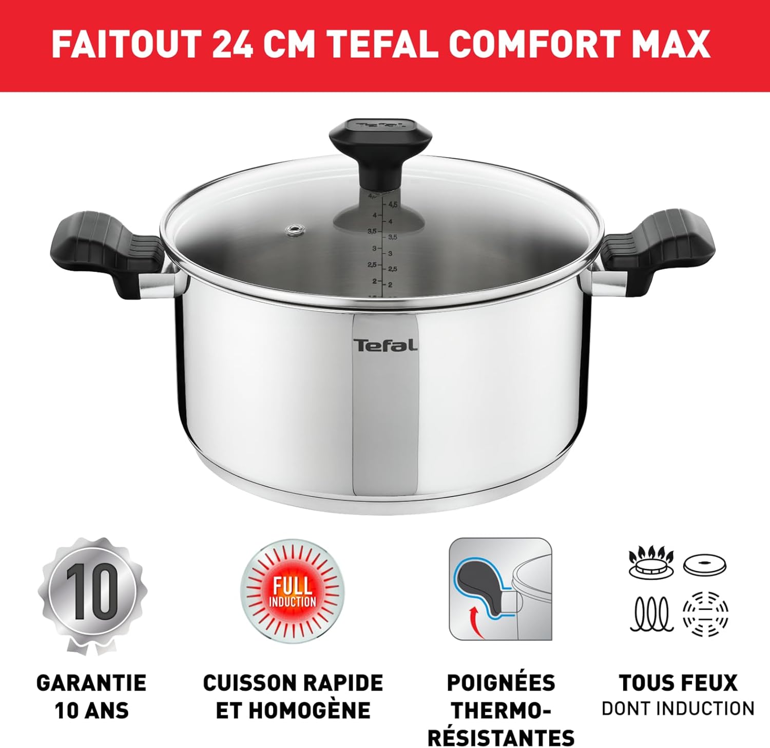 Tefal - Comfort Max - faitout 24cm inox induction, poignées isolées, C9734604