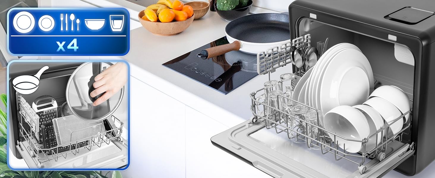 Plusieurs images montrant le processus de chargement du lave-vaisselle, avec des icônes indiquant la capacité x4 et des démonstrations de placement correct de la vaisselle.