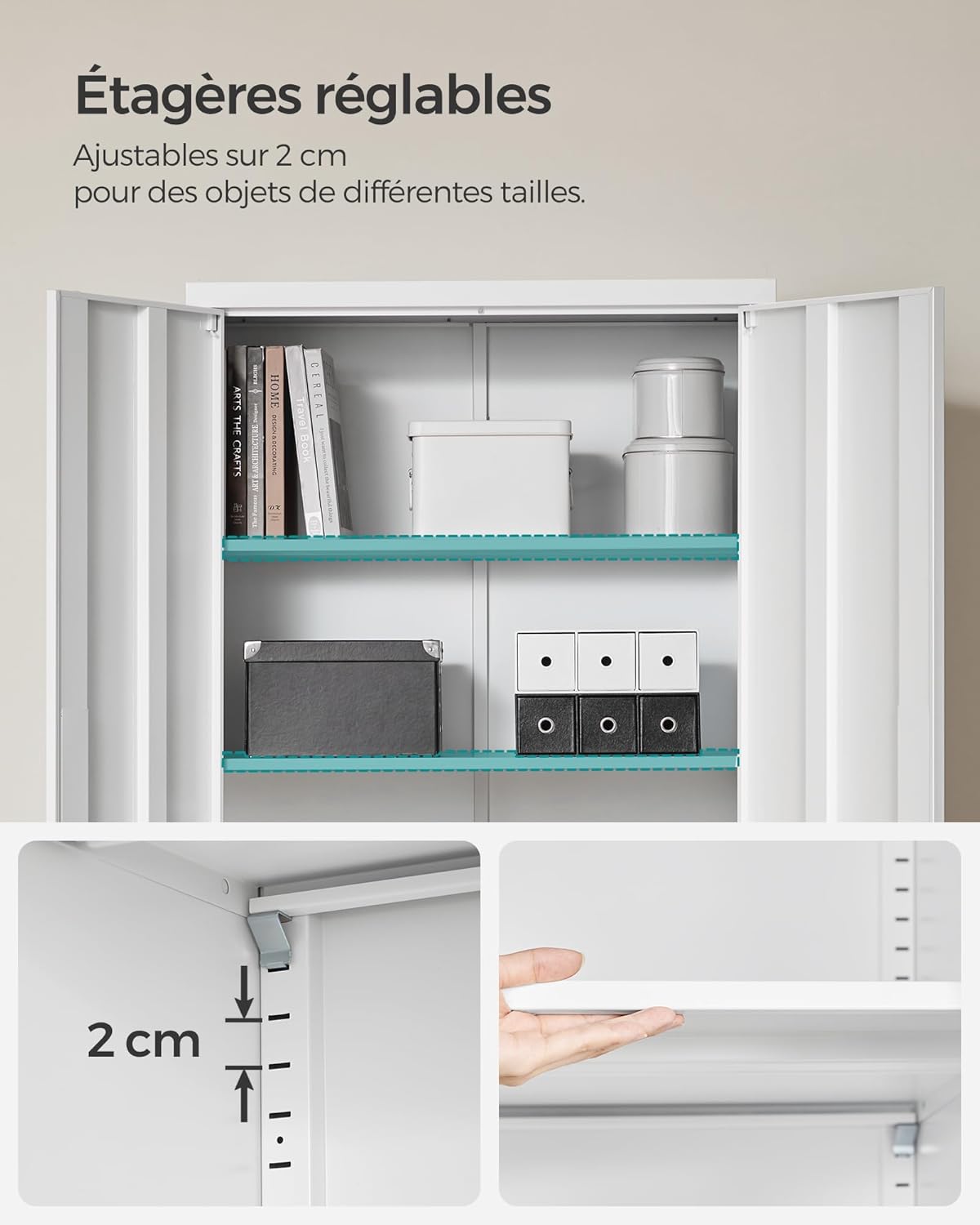 SONGMICS - meuble bureau acier, 5 niveaux, 40x80x180 cm, portes doubles, OMC015W01