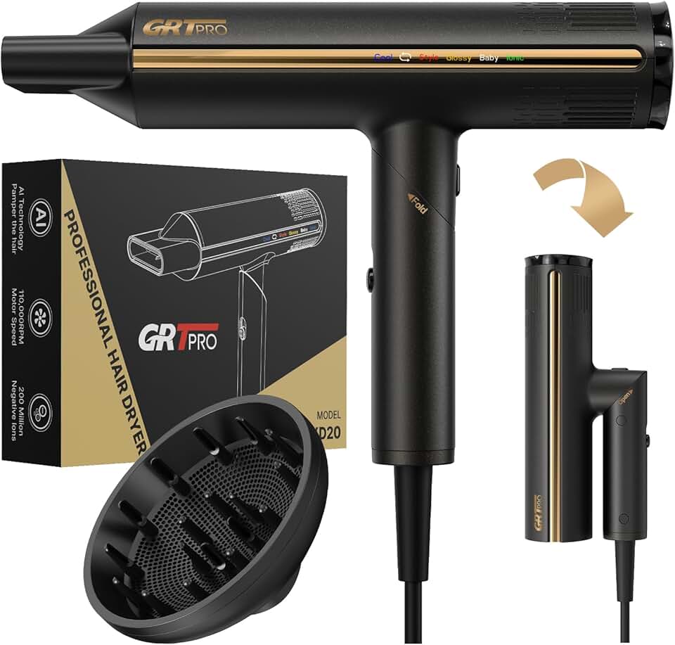 Sèche Cheveux Professionnel - pliable 2200W, ionique, 410g, 4 températures, 3 vitesses, 110000RPM