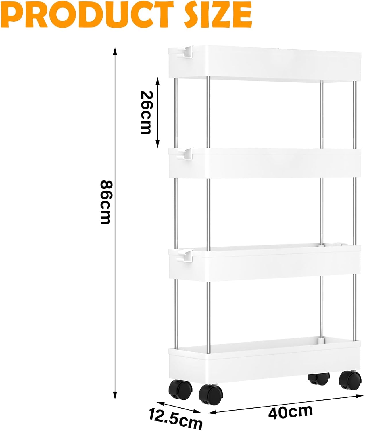 Chariot de rangement 4 niveaux - 86x40x12.5cm - mobile, étroit