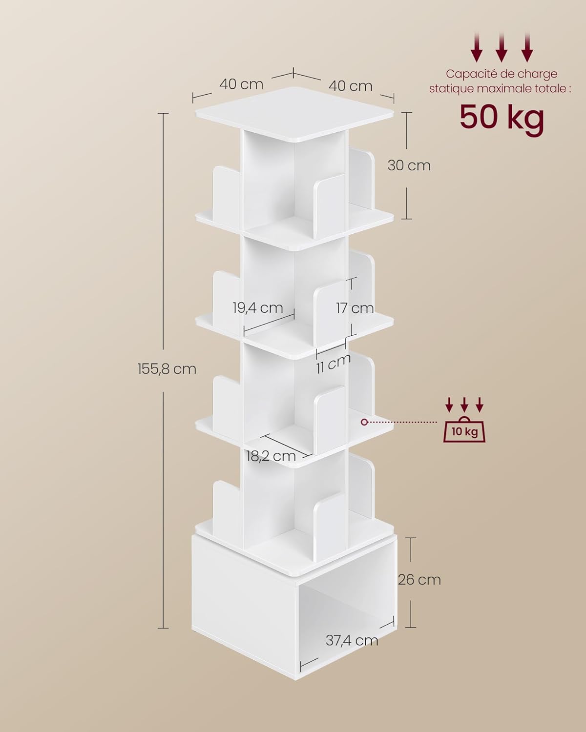 VASAGLE - Custos Collection - 40x40x155,8 cm - bibliothèque pivotante 5 niveaux, rotation 360°, blanc LBC472WB01
