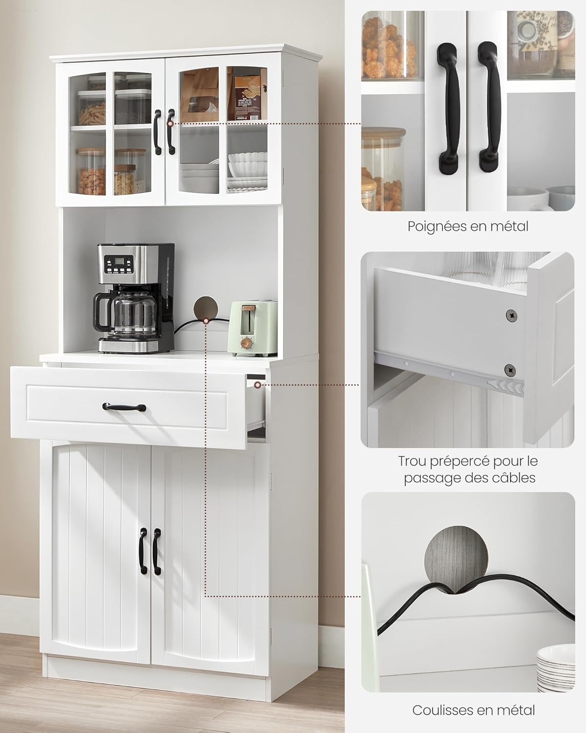 VASAGLE - buffet haut moderne, portes vitrées, étagères réglables, passage câbles, blanc, LSC361W21