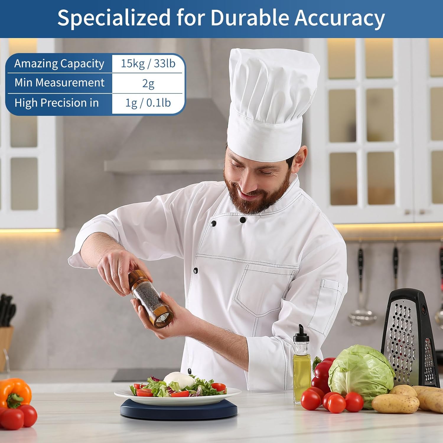 Vitafit - Balance de cuisine 15kg - acier inox, tare, 3 AAA, bleu