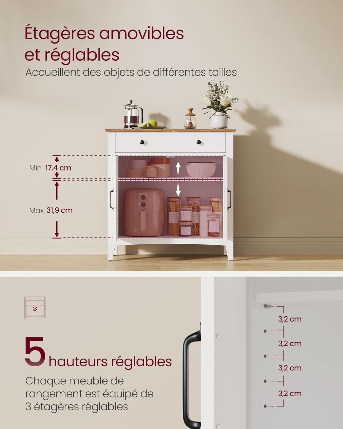 VASAGLE - buffet campagne, 40x80x80 cm, tiroir, étagère, portes, BBK341W02