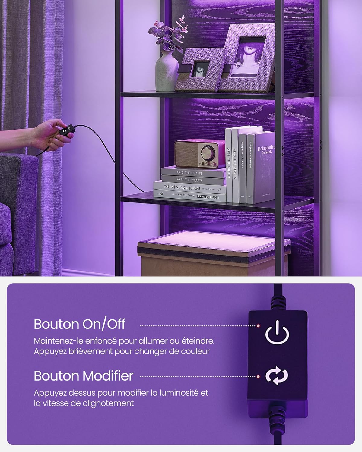 VASAGLE - bibliothèque LED série LLS120B57 - 30,3x60x178,6cm - étagère à 6 niveaux, cadre acier, lumière réglable - LLS1