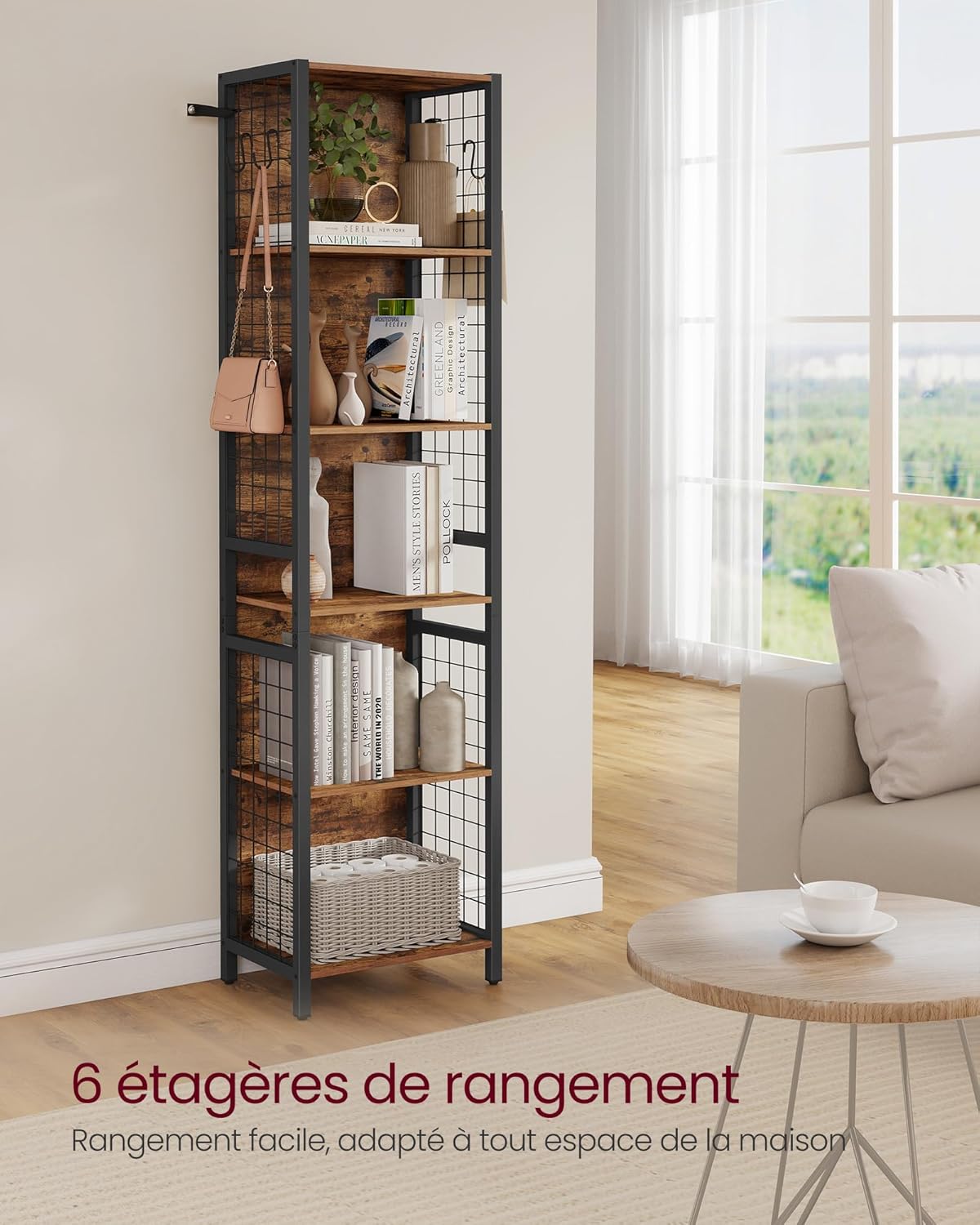 VASAGLE - bibliothèque 6 niveaux - 30x40x175,6cm, acier, marron/noir - LLS170K01