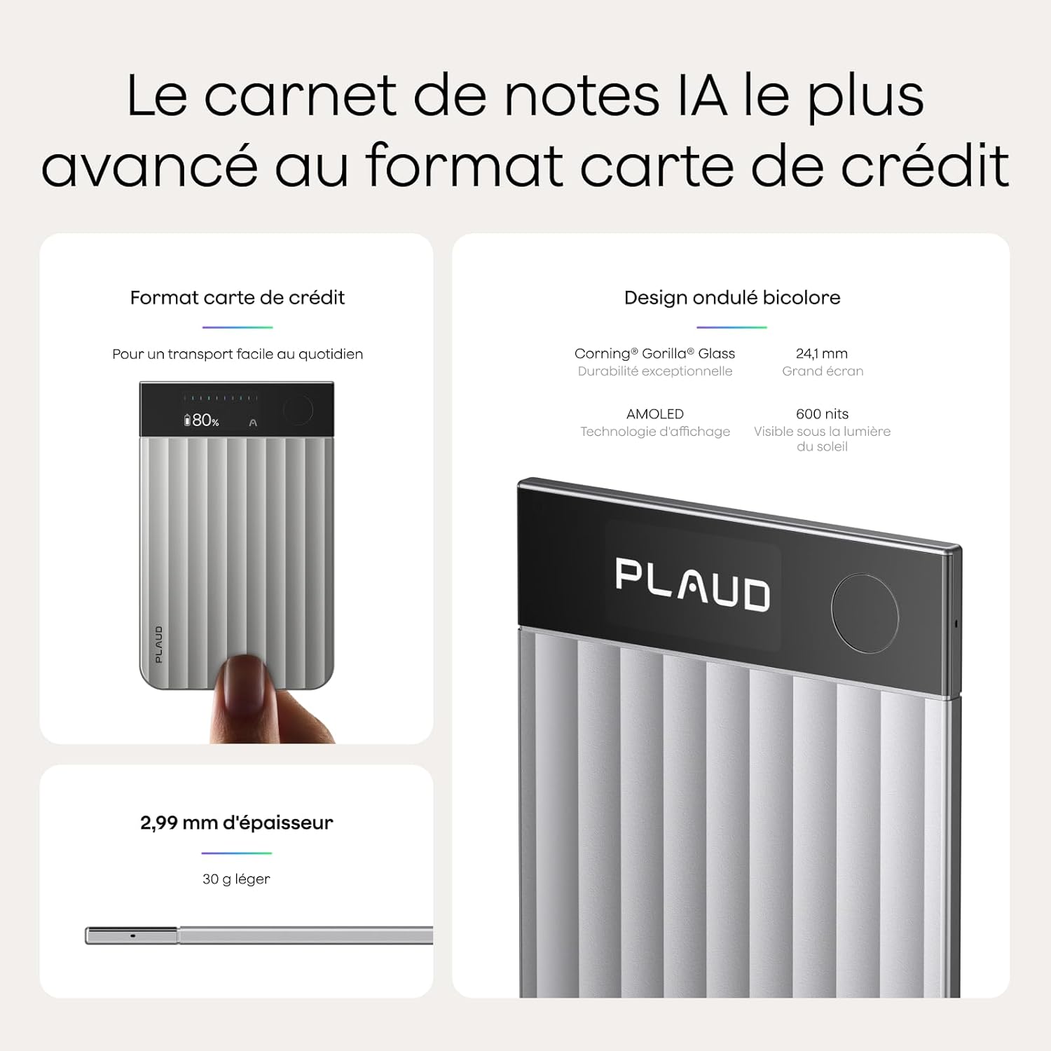 Plaud - Note Pro - dictaphone IA, 50h, transcription, résumé, étui