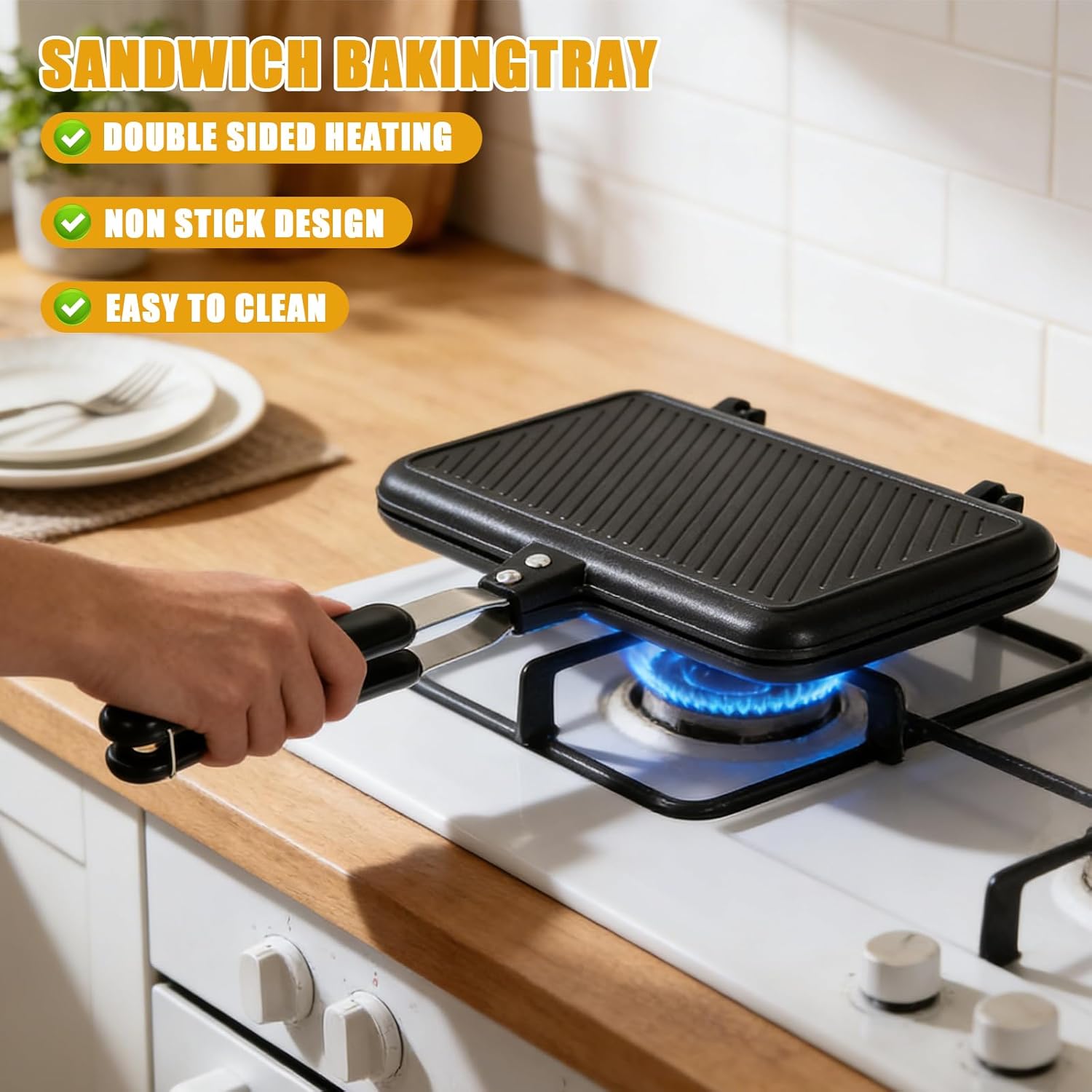 Appareil à croque-monsieur double face aluminium antiadhésif 22x15cm, parfait pour sandwichs, gaufres, toasts, cuisine c