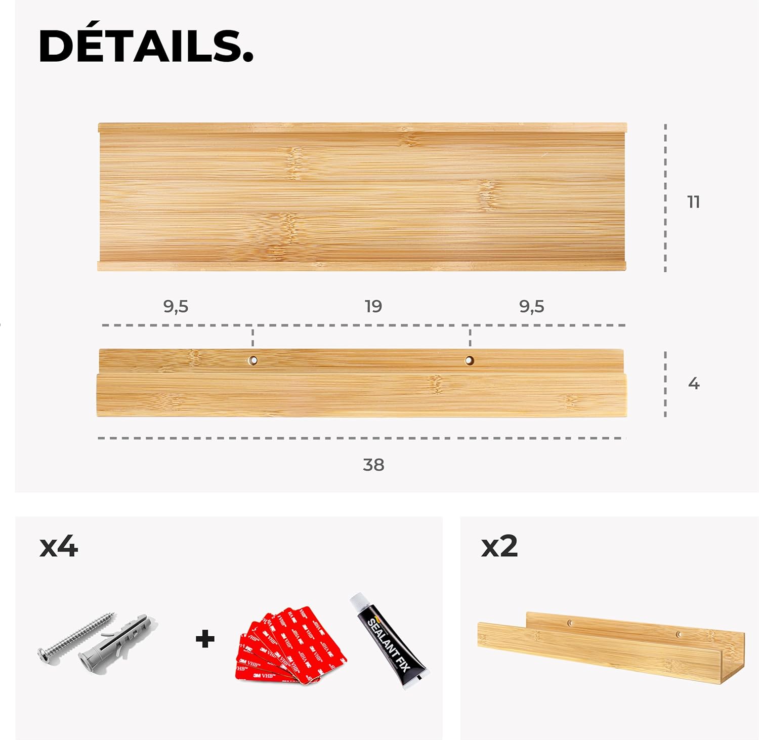 Étagère Salle de Bain en Bois - murale - bambou - adhésive, 2 unités