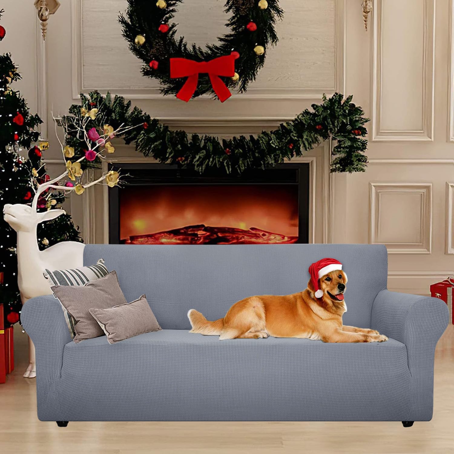 Housse Canapé - 3 places - extensible, antidérapante, lavable, gris clair