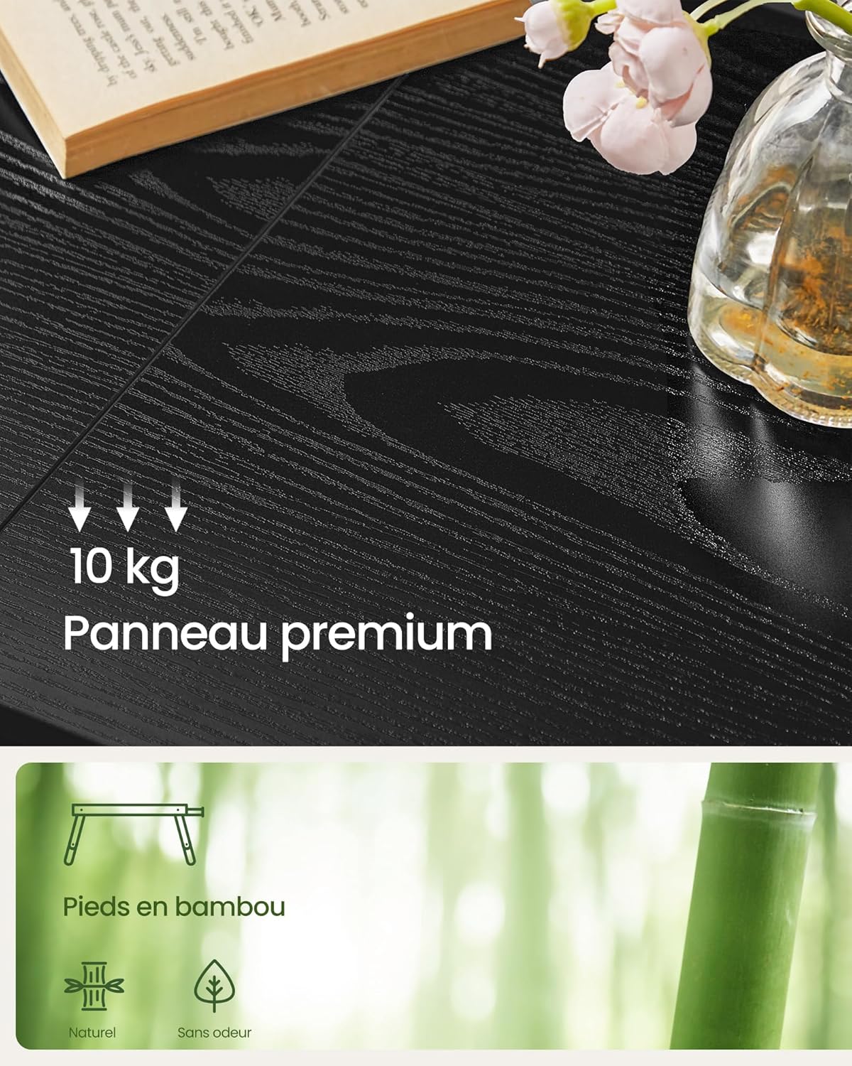 SONGMICS - Table lit/ordinateur, 39,6 cm, réglable, tiroir, bambou