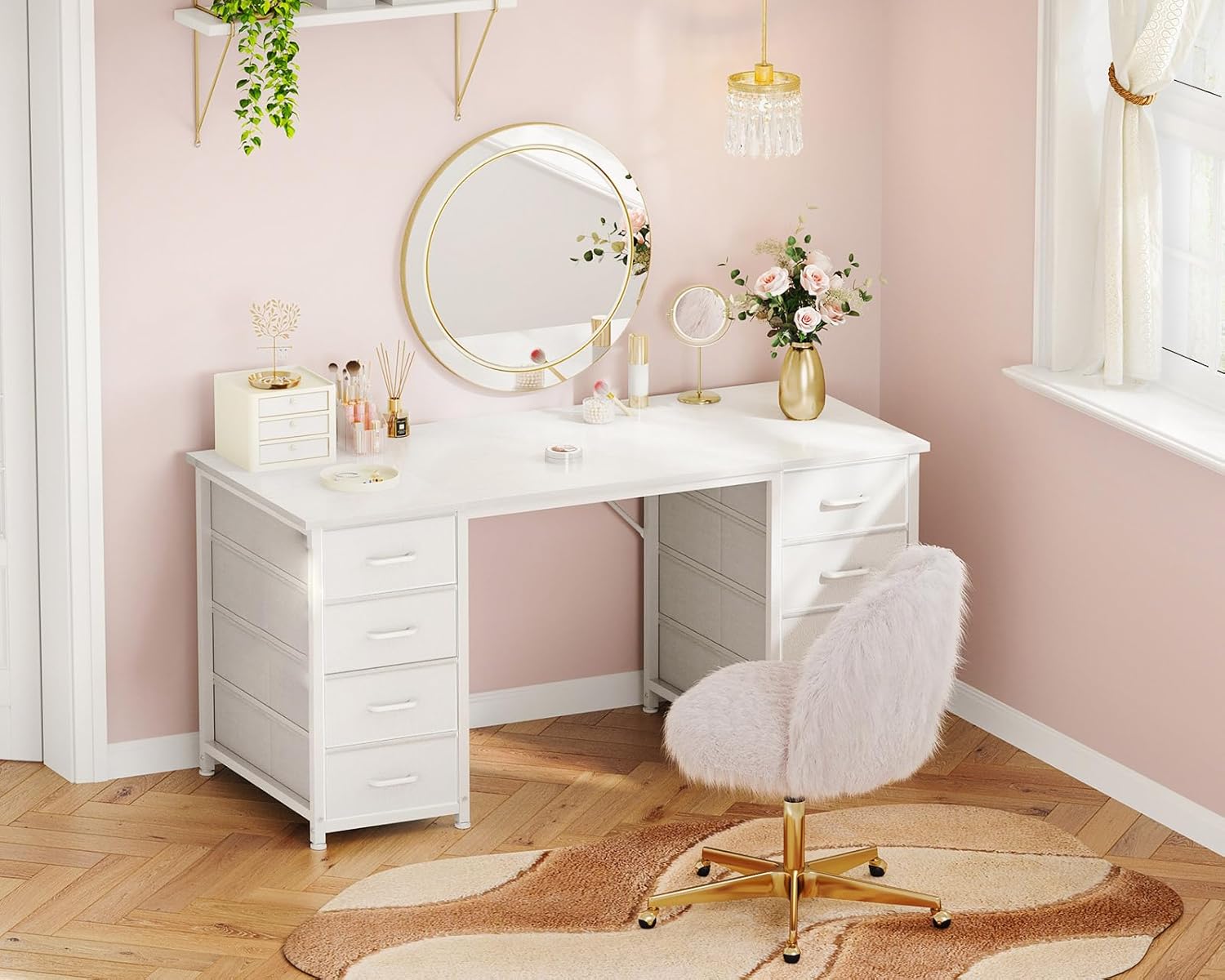 Coleshome - bureau avec 8 tiroirs tissu - 120x48cm - blanc, robuste, rangement