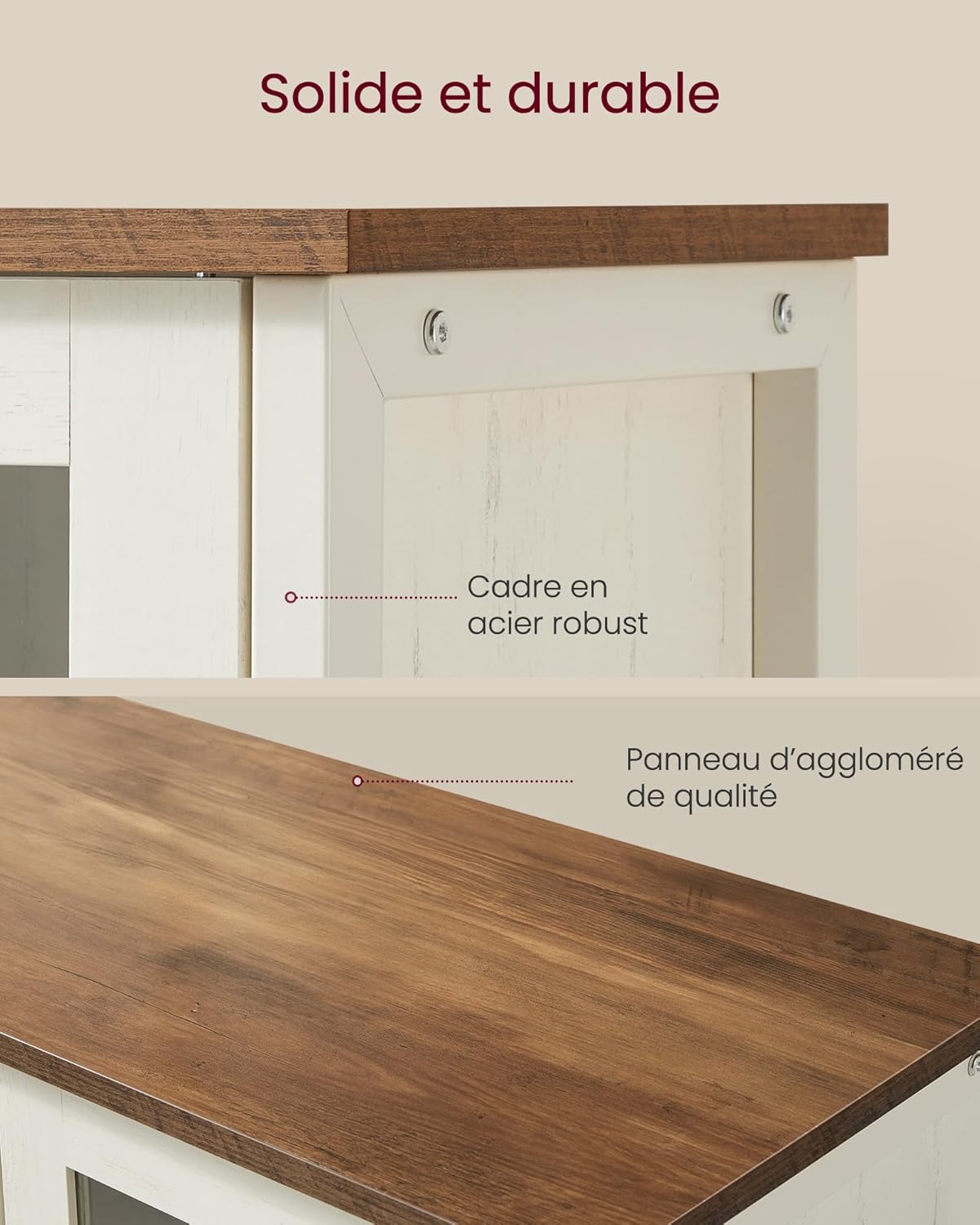 VASAGLE - Buffet 3 portes - cadre acier, style industriel, marron/blanc - LSC099WJ02