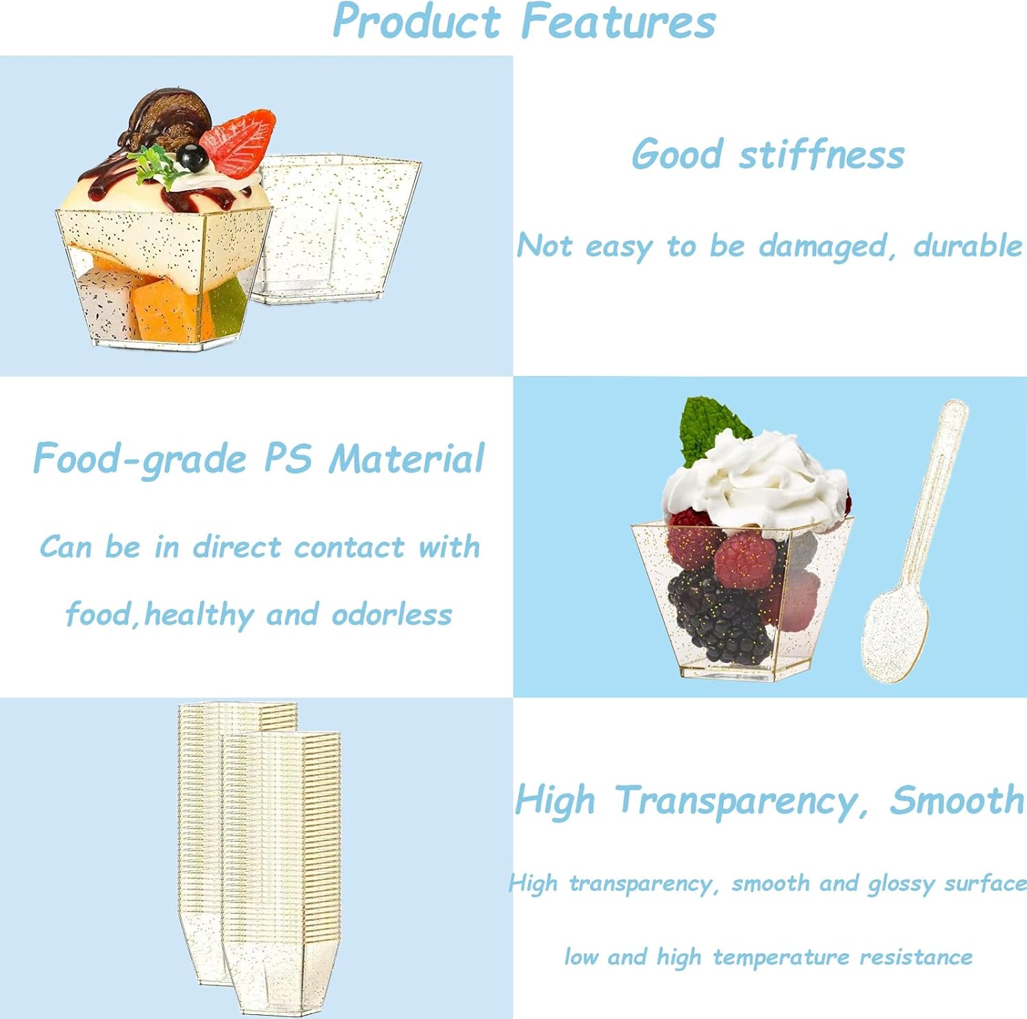 Tasses à dessert - 50pcs, 60ml, réutilisables, avec cuillères, plastique, or