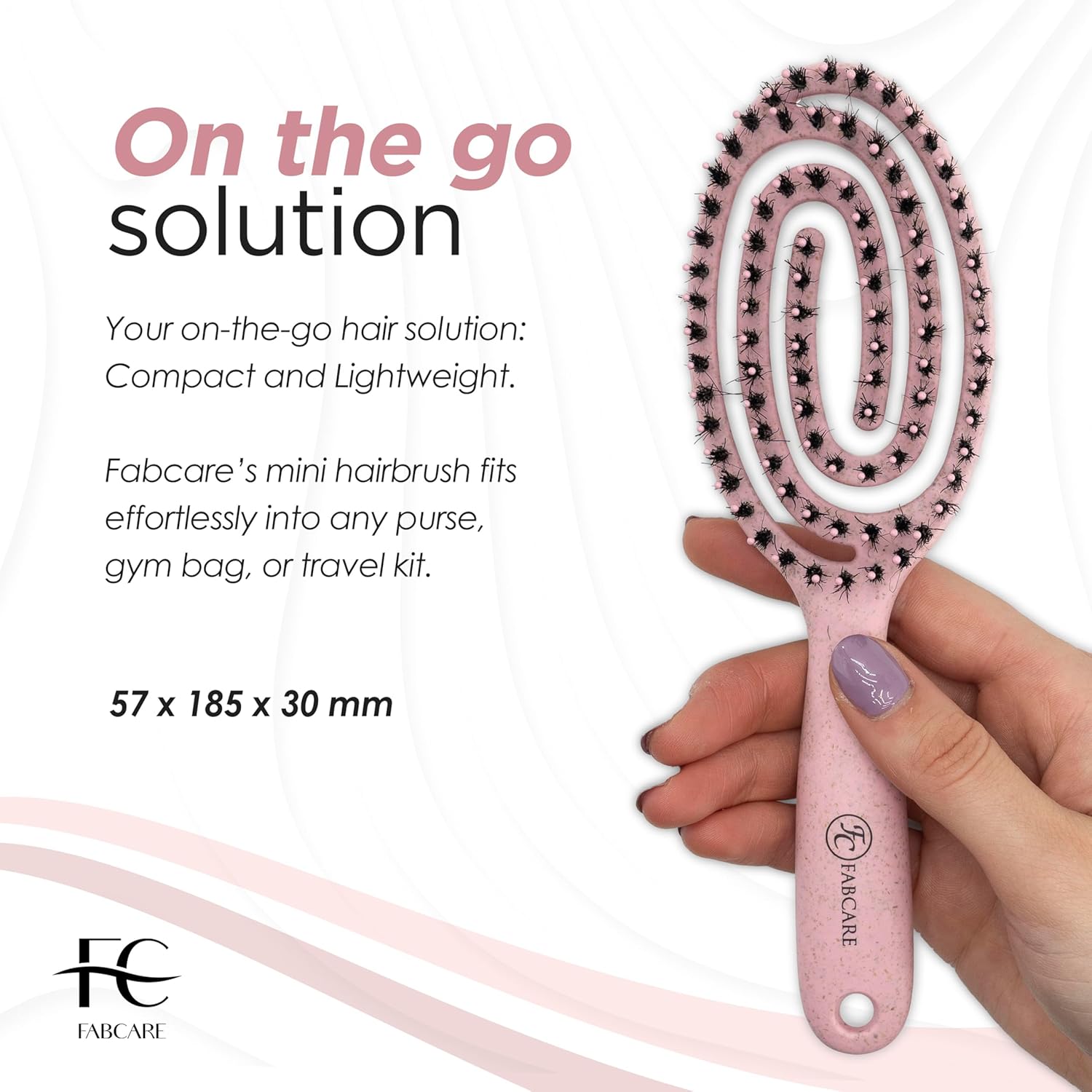 FABCARE - Mini brosse cheveux, poils sanglier, double ressort, compacte, rose