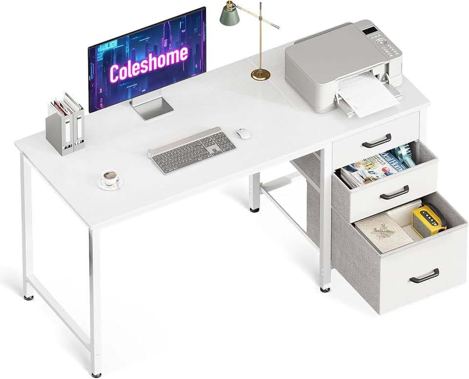 Coleshome - bureau 3 tiroirs tissu, 120x48cm, porte-casque, blanc