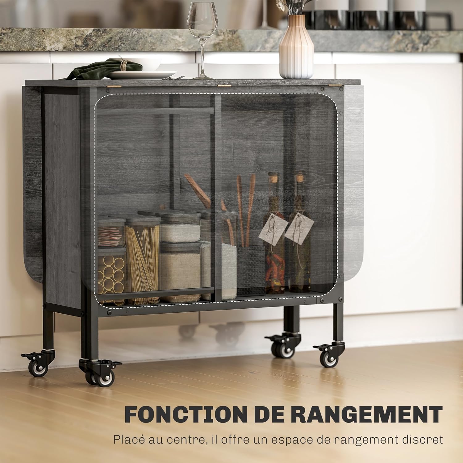 HOMCOM - Table pliante avec roulettes, 130x80x74cm, 6 personnes, étagère intégrée