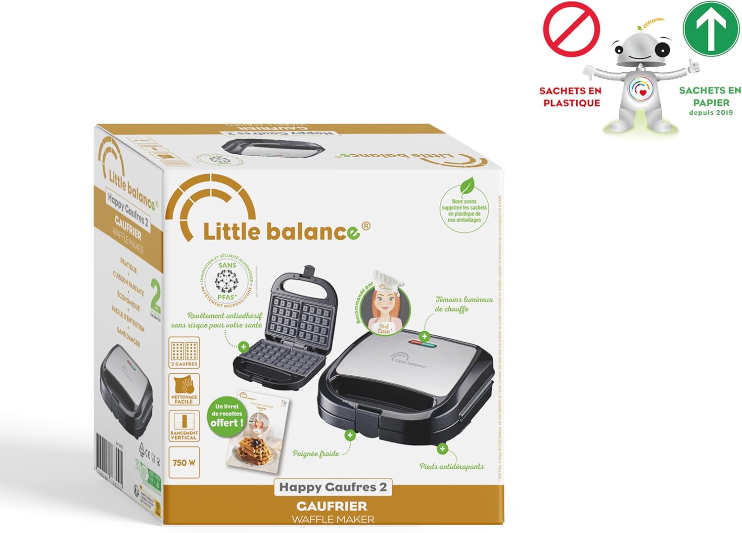 LITTLE BALANCE - Happy Gaufres - plaques antiadhésives, sans PFAS, 750W, poignée froide, 8820