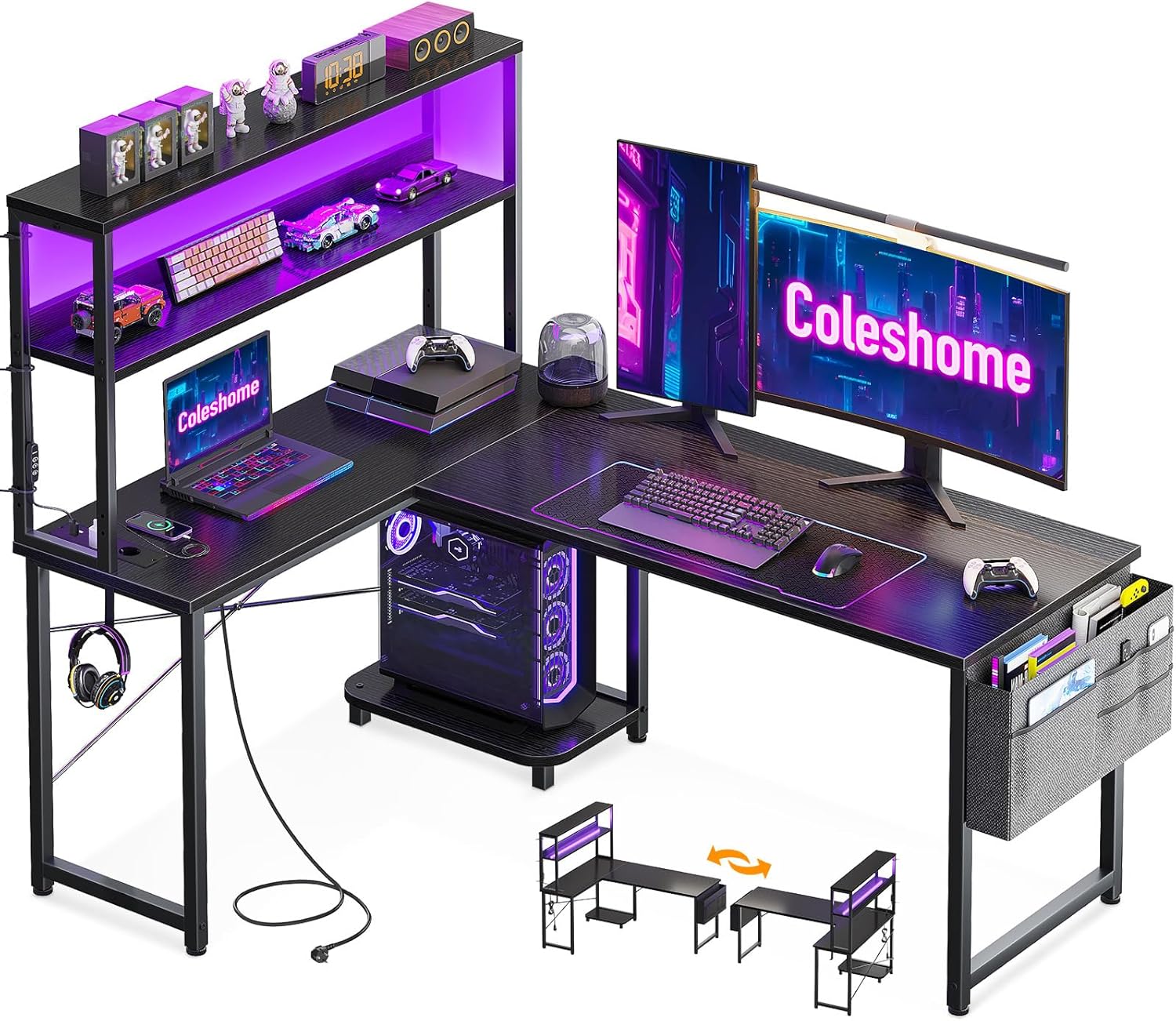 Coleshome - Bureau gaming LED réversible 135x100cm, étagères, rangement