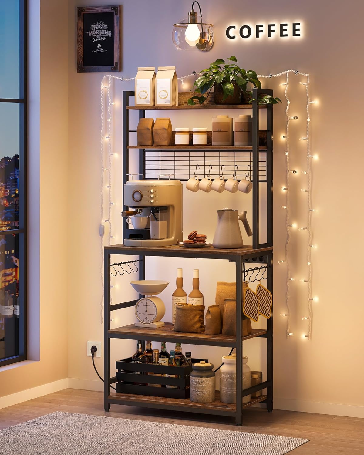 VASAGLE - étagère cuisine série KKS - 40x80x170 cm, multiprise, crochets, marron/noir, KKS025B01EU