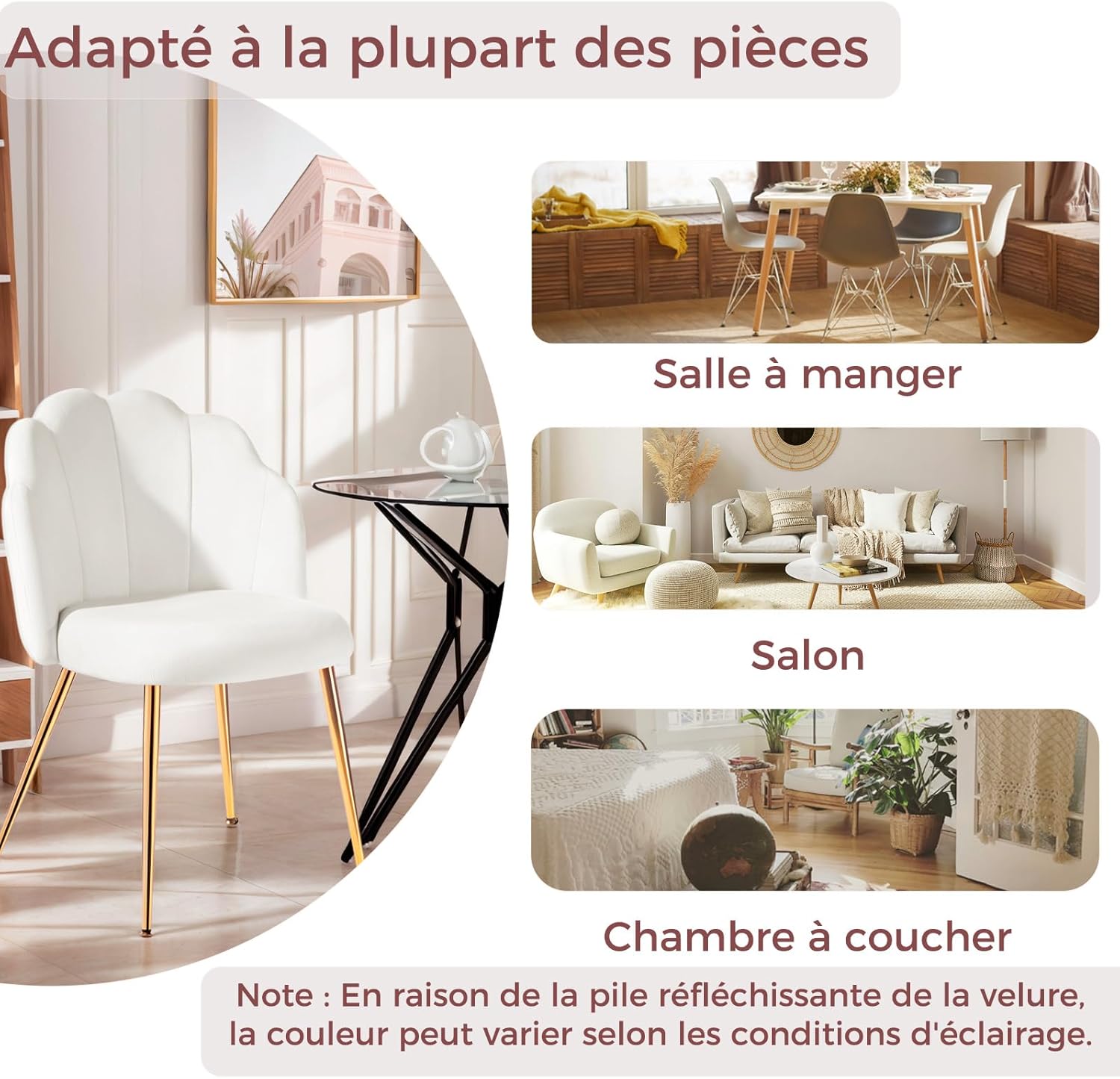 Chaise de coiffeuse - velours, pieds métal doré - design coquillage, adulte, chambre, beige/blanc