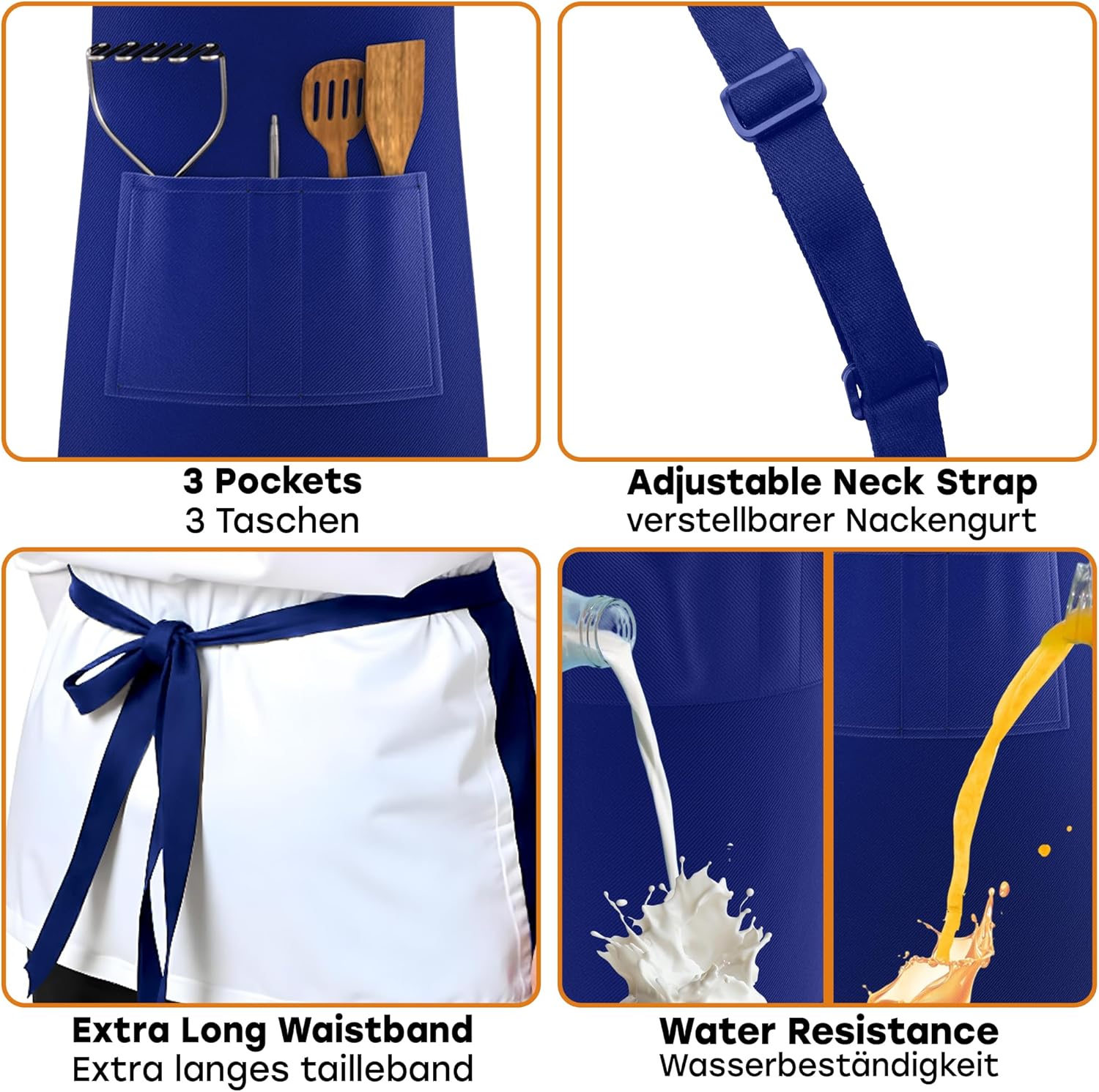 LEFUNDA - Tablier cuisine réglable, 3 poches, étanche, longues lanières