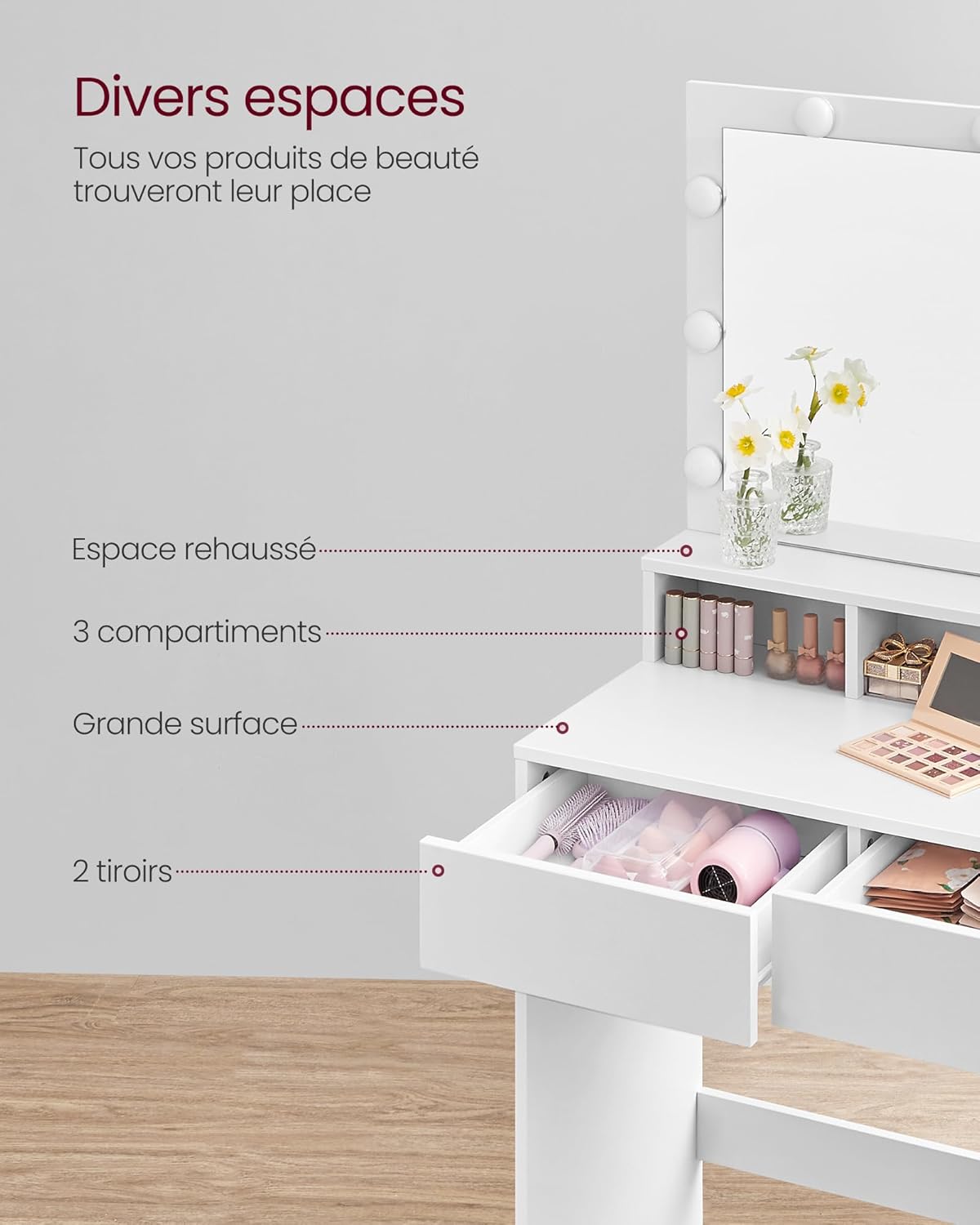 VASAGLE - Kailyn Collection - 80 cm - coiffeuse miroir lumineux, tiroirs, tabouret, RDT720W01