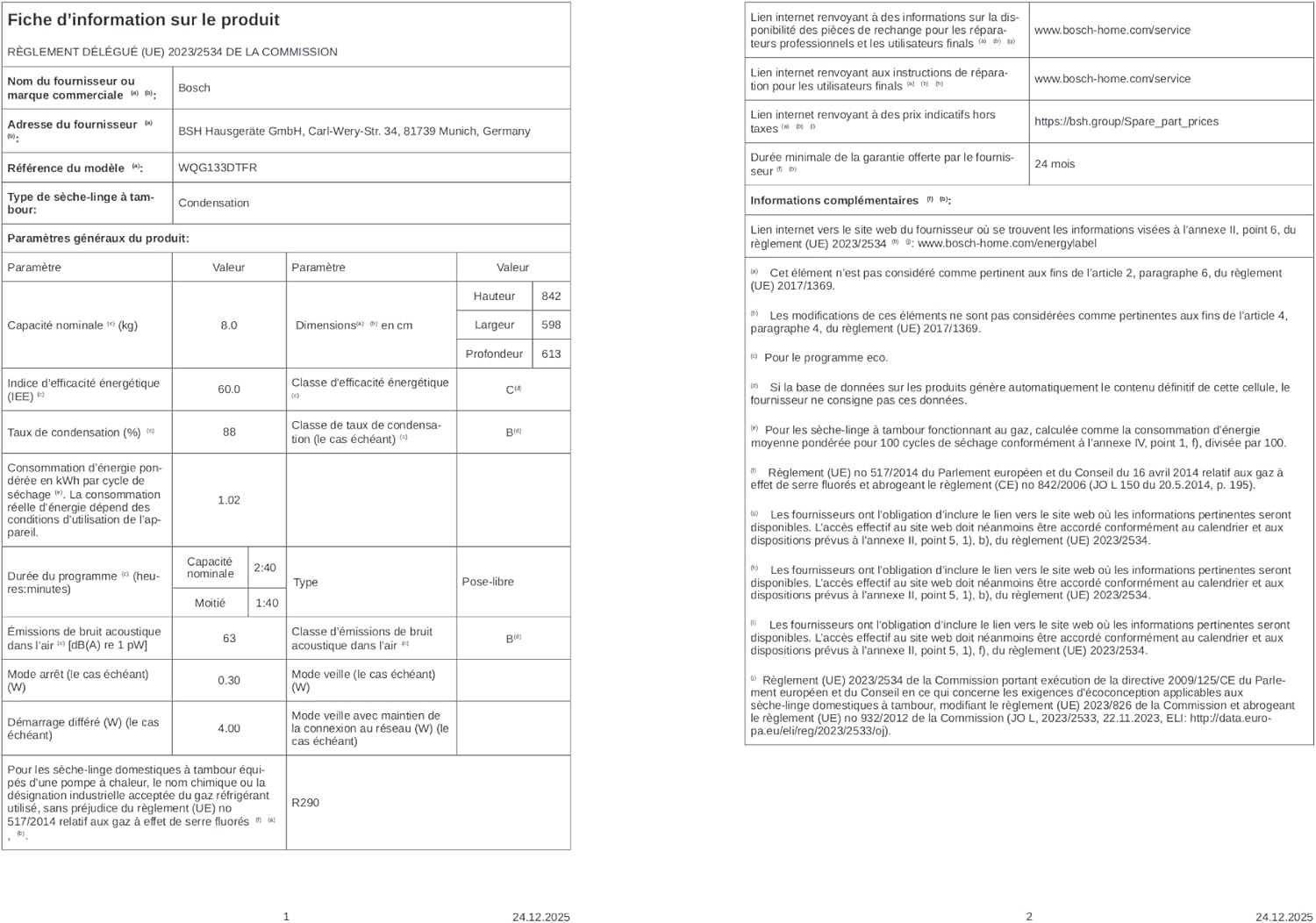 Bosch - Serie 6 - 8 kg, pompe à chaleur, blanc, sèche-linge - WQG133DTFR