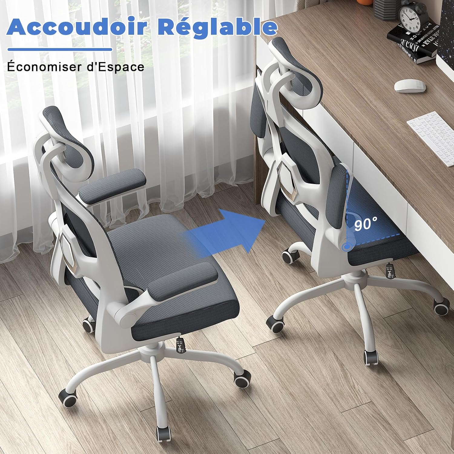 Chaise de bureau ergonomique - support lombaire réglable - appui-tête, accoudoirs réversibles, maille respirante - gris 