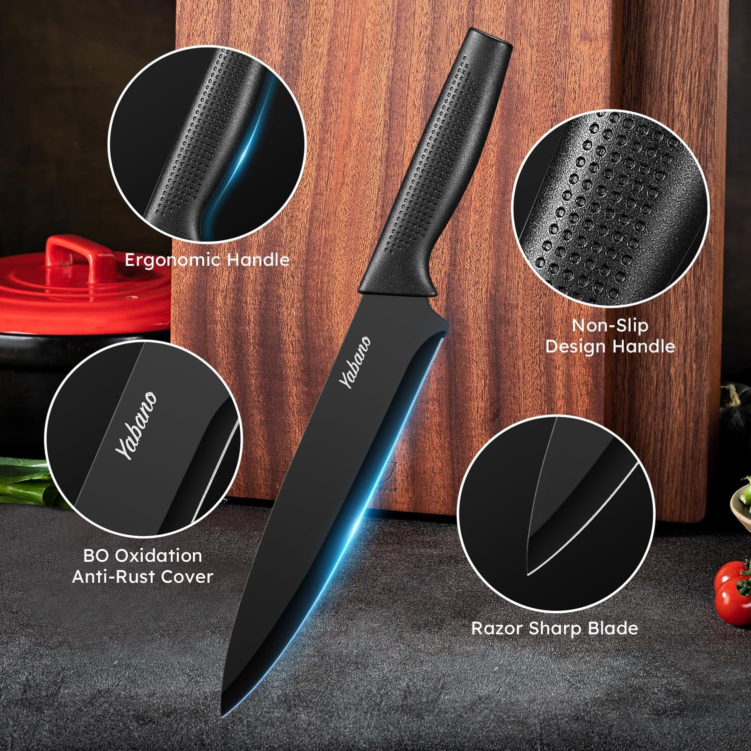 Yabano - Set 7 pièces bloc plastique, inox tranchant, anti-rouille