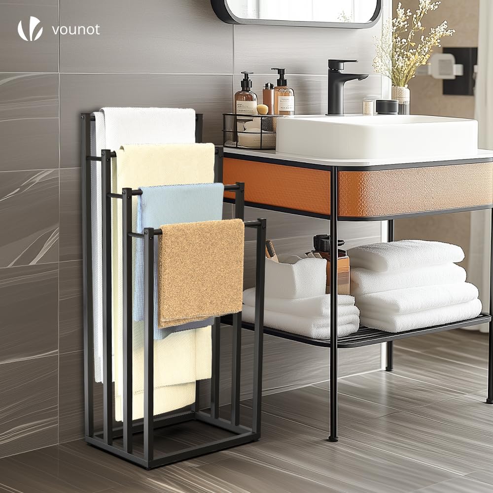 VOUNOT - porte-serviettes sur pied - 4 niveaux - métal noir stable