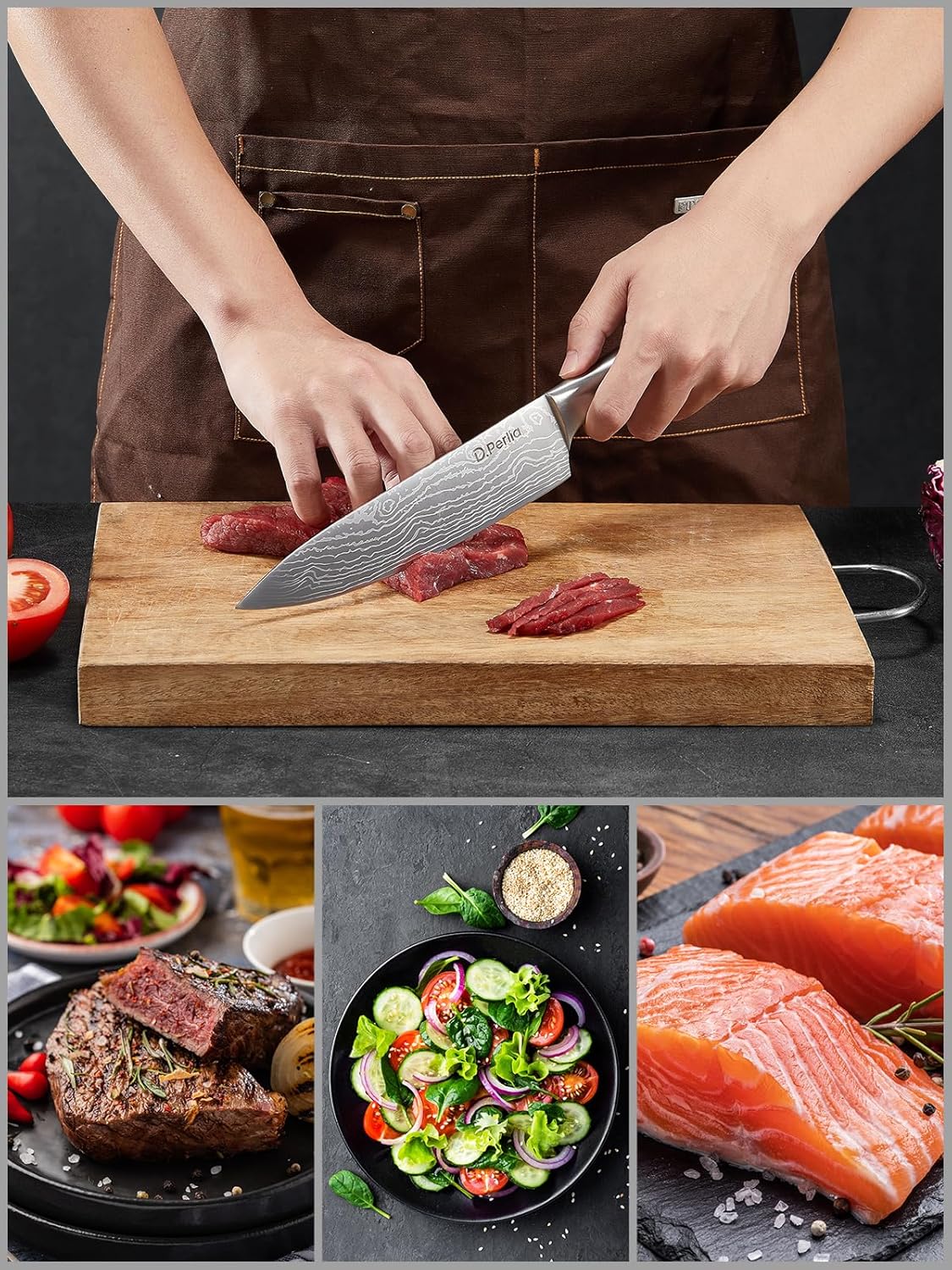 D.Perlla - Set de 15 couteaux pro, inox, bloc auto-affûtant