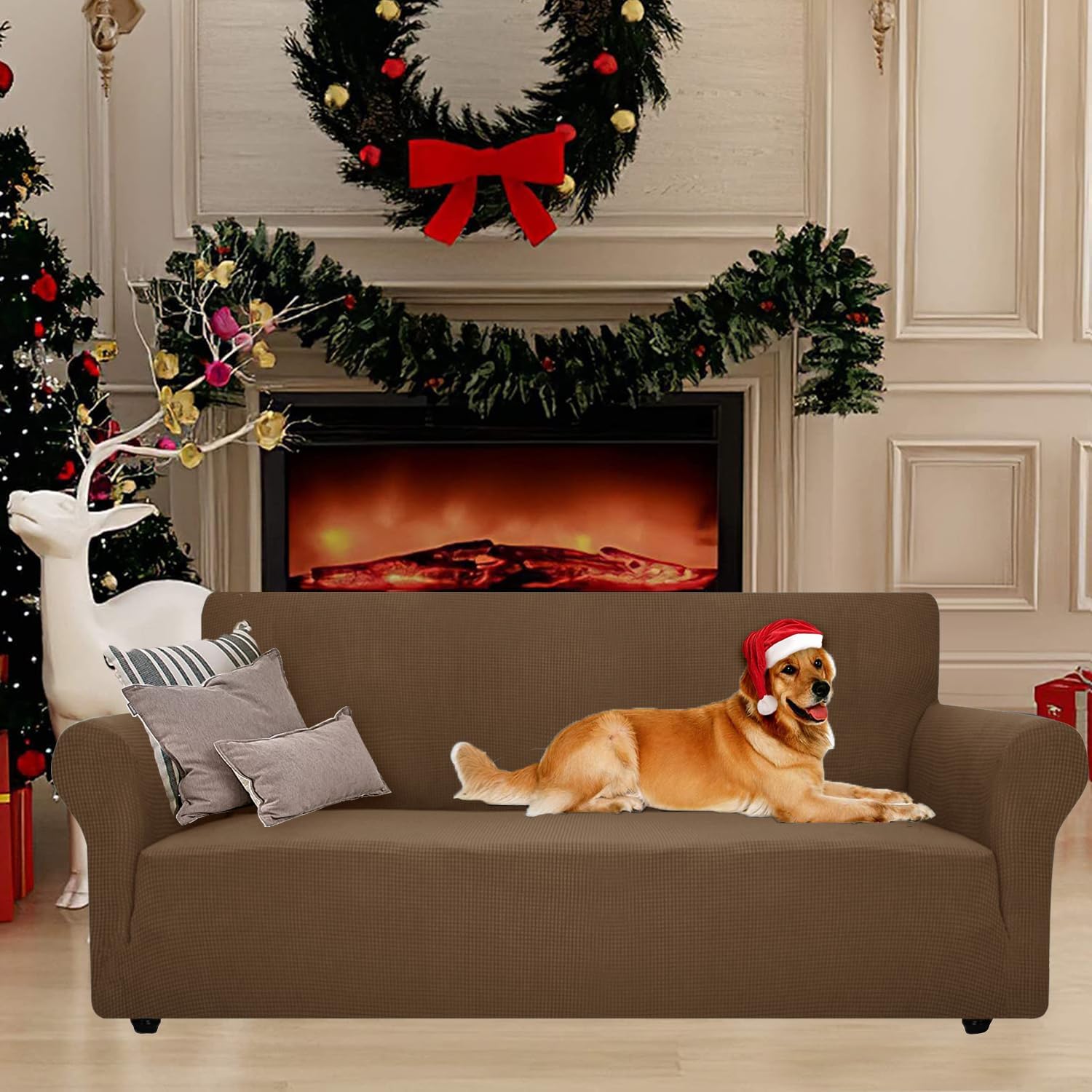 Housse de canapé 3 places - extensible, accoudoirs, antidérapante, lavable - marron