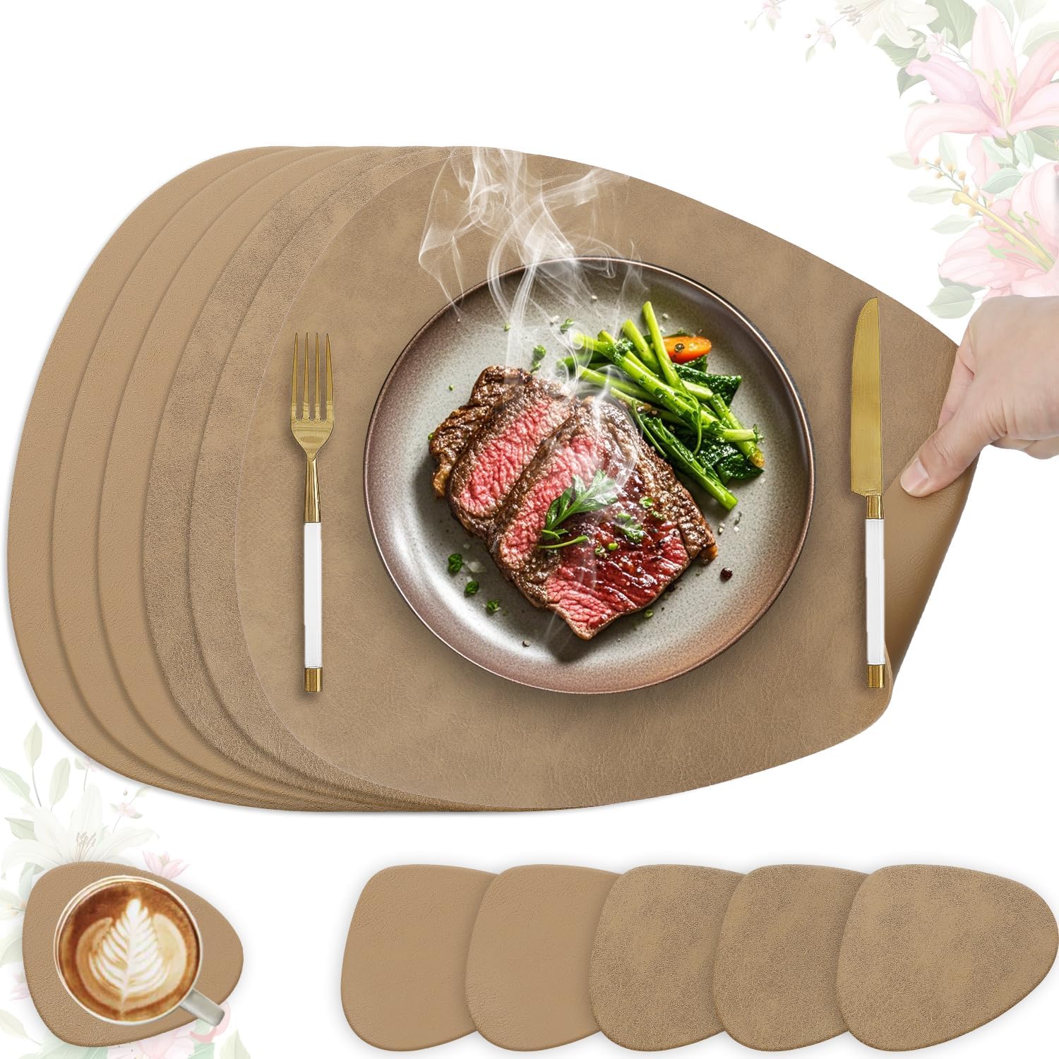 Set de table - lot de 6, ovale 41x33cm, lavable, antidérapant, cuir PU