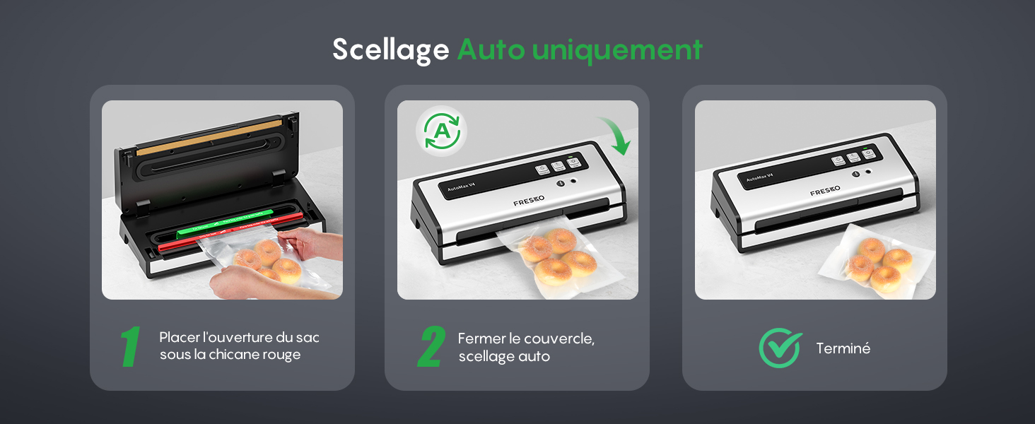 Schéma d'instructions illustrant les trois étapes d'utilisation d'un produit avec des icônes cochées vertes et un texte d'accompagnement concernant le processus d'installation ou de configuration.