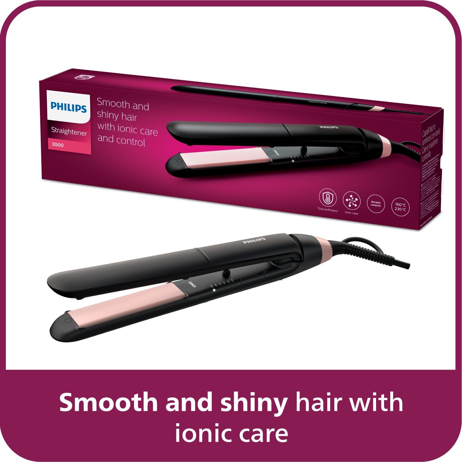 Philips - lisseur ThermoProtect StraightCare - 23,4x18,6x7,2 cm - plaques céramique, réglages de température - BHS378/00