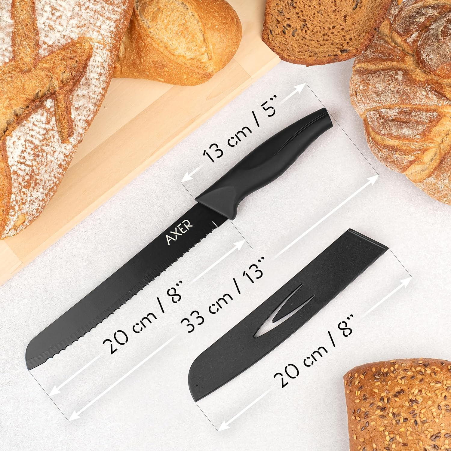 Couteau à pain - étui inclus, lame noire, boîte de rangement