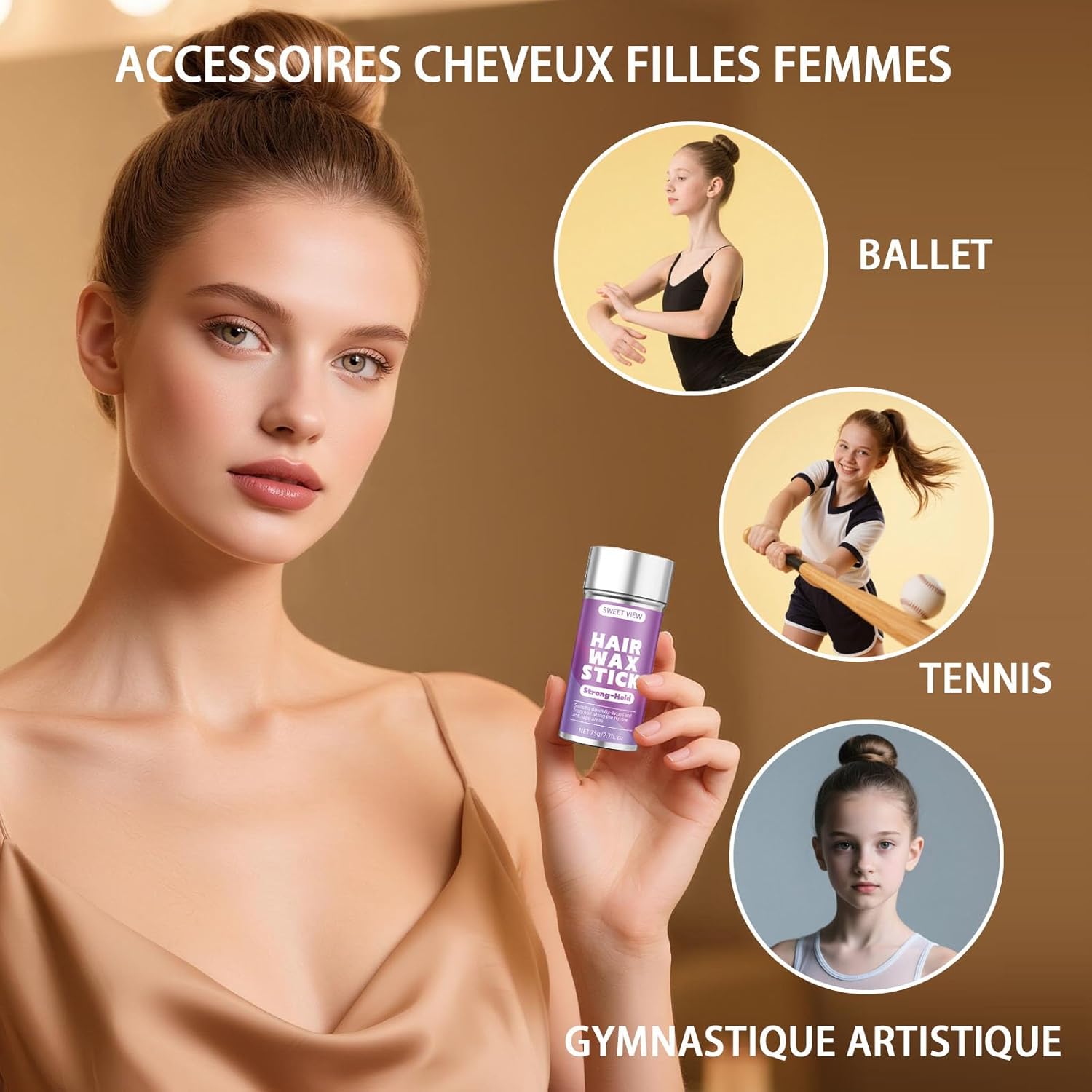 Bâton de cire pour cheveux - brosse lissante - anti-frisottis - idéal chignon et queue de cheval