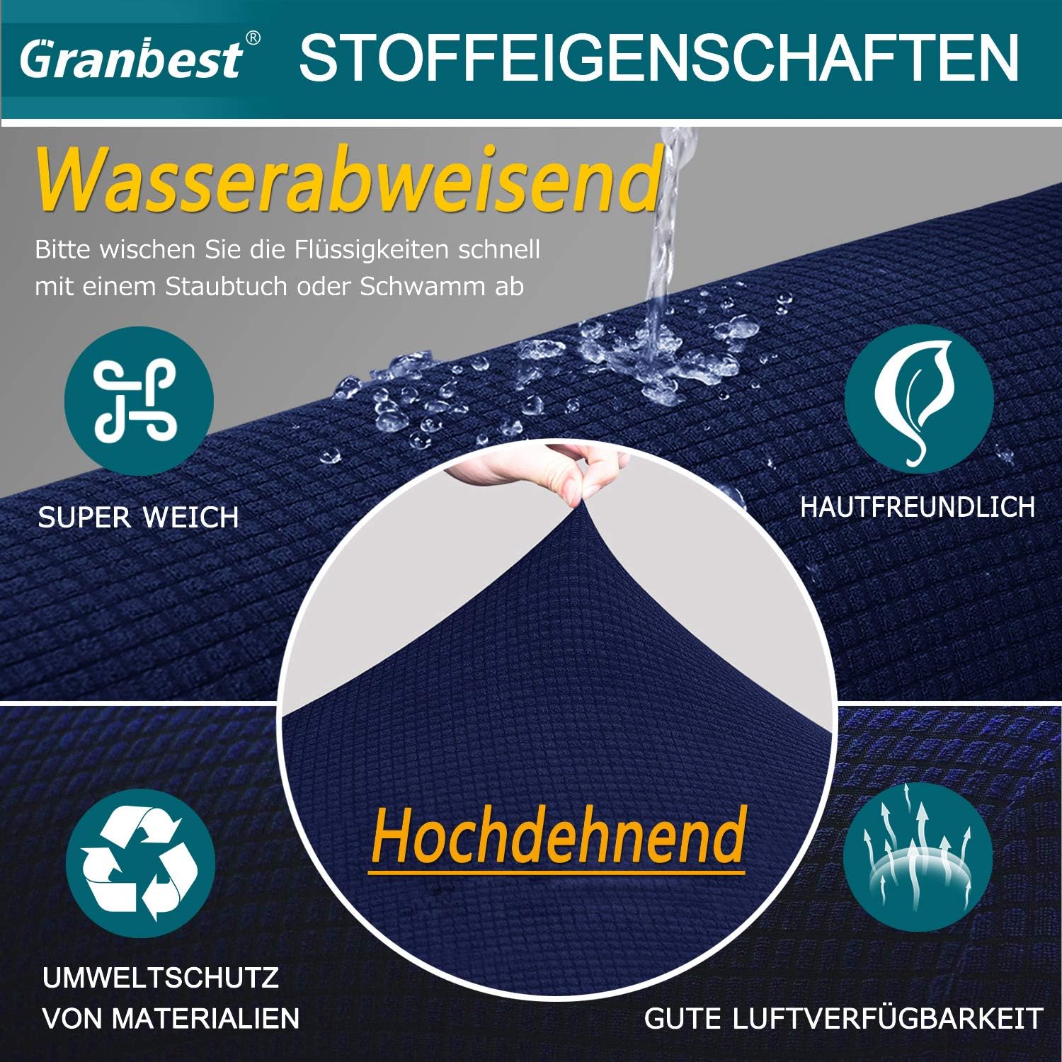 Granbest - Housse canapé Stretch Jacquard 1 place, imperméable, antidérapante, bleu foncé