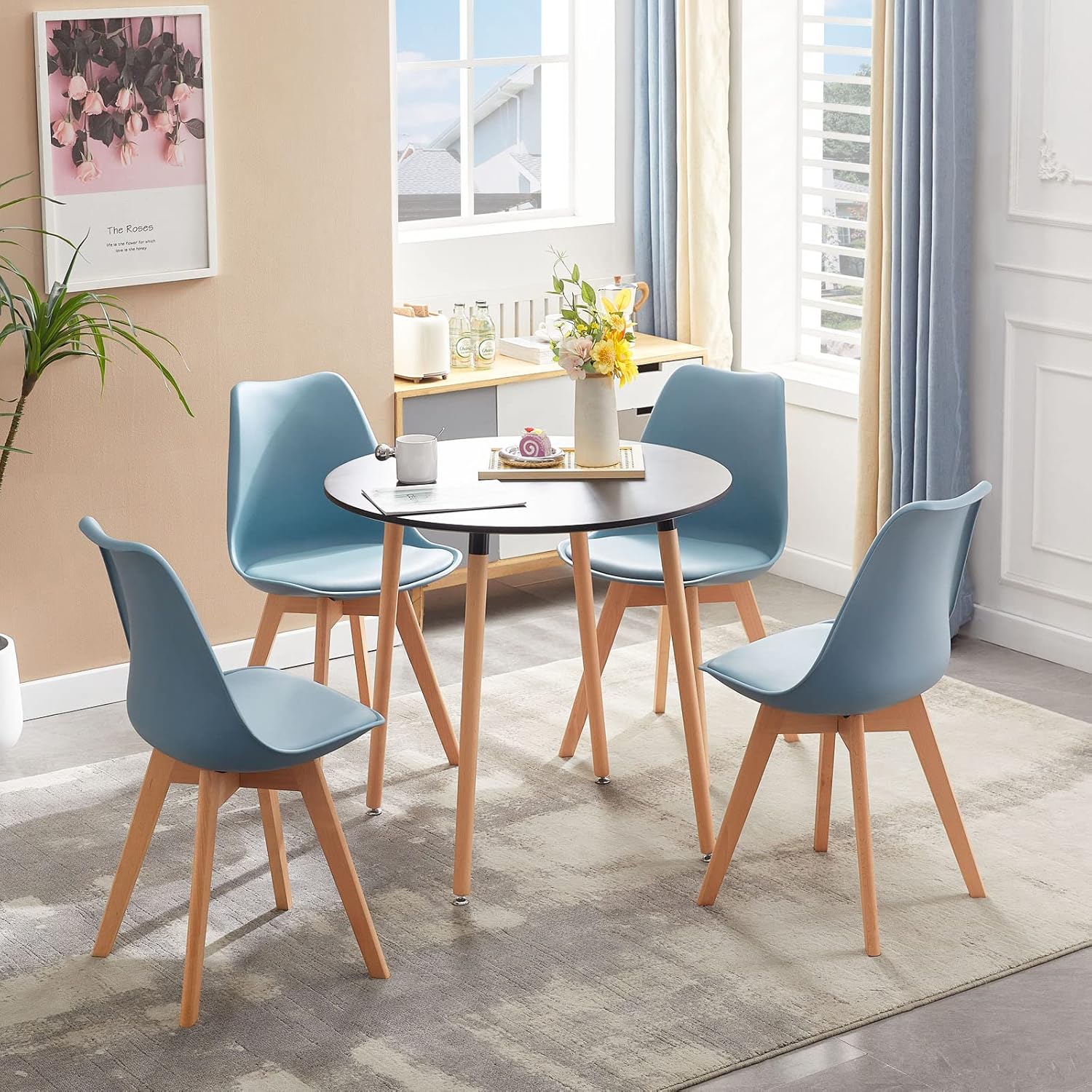 EGGREE - chaises salle à manger lot de 8 - bois hêtre - rembourrées bleues