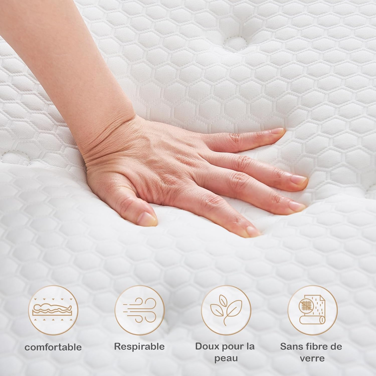 Matelas hybride 140x200 cm, ressorts, mémoire, 7 zones, H3, 26cm