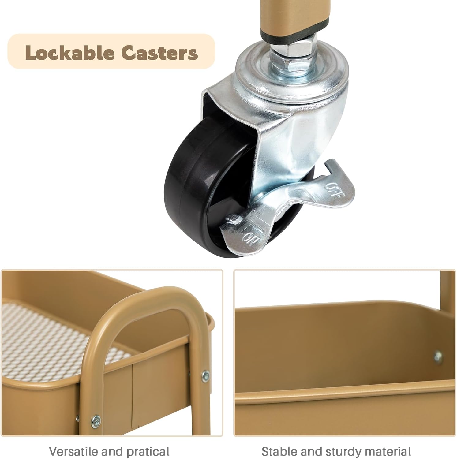 DOEWORKS - Chariot de rangement 3 niveaux, métal doré, roulant, compact
