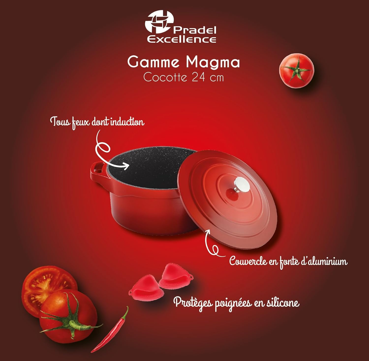 Pradel - Cocotte Ronde fonte d'aluminium 24cm anti-adhésive, maniques amovibles, tous feux - PCUI003002